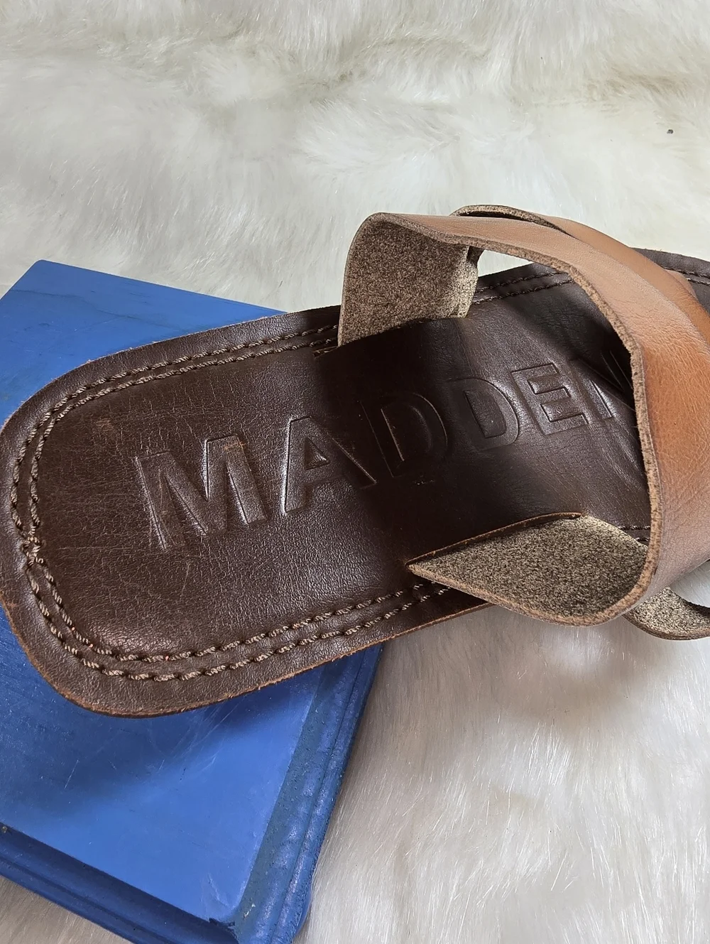Madden M-Cross Men's Brown Leather Slide Sandals w/Casual Cross-Strap